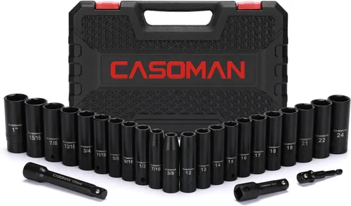CASOMAN Juego de llaves de impacto de 1/2", 25 piezas, profundo, acero Cr-V, 6 puntas, métrico y SAE, 12mm a 24mm, 3/8 pulg. a 1 pulg., incluye