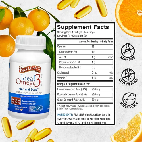 Miniatura 6 de Barlean's Ideal Suplemento de aceite de pescado Omega 3, 1000 mg cápsulas blandas, grado farmacéutico EPA y DHA para la salud del cerebro