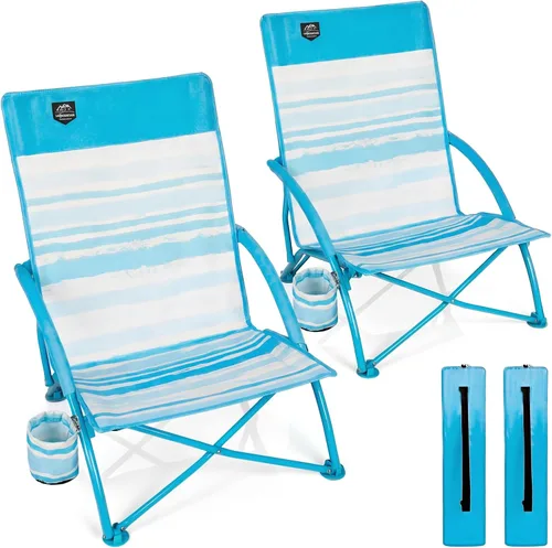 Miniatura 7 de Paquete de 2 sillas bajas de playa, sillas reclinables plegables para adultos, sillas de camping ligeras de asiento bajo con soporte para tazas, Azul