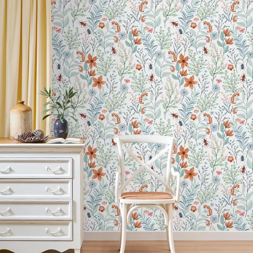 Miniatura 3 de VEELIKE Papel tapiz floral de escarabajos azules y naranjas para cuarto de bebé, baño, 17.7 x 354 pulgadas, autoadhesivo, extraíble, botánico, papel