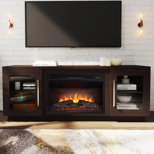Miniatura 12 de Cheerway Soporte de TV con chimenea 3D para televisores de hasta 65 pulgadas, mesa de centro de entretenimiento multimedia de madera y gabinetes