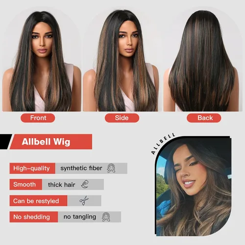 Miniatura 3 de Allbell Pelucas marrones largas negras para mujeres negras, pelucas de cabello lacio castaño oscuro con reflejos rubios, peluca larga de parte