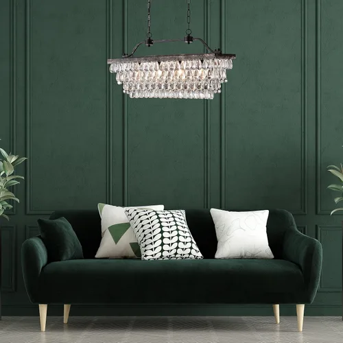 Miniatura 5 de Edvivi Candelabro de cristal lineal rectangular de lujo, 4 luces glamorosas con acabado de bronce antiguo, lámpara de techo ajustable, comedor, isla