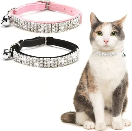 Miniatura 9 de BINGPET collar ajustable para gatos, de terciopelo suave, seguro, collares Bling diamante con cascabel, Adjustable, Rosado claro Rosa