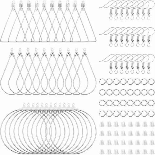 Miniatura 9 de Juego de 96 aretes de aro con cuentas para hacer joyas, aretes triangulares, lágrimas, redondos, con 200 ganchos para aretes, aros y alambres