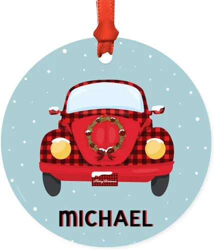 Miniatura 45 de Andaz Press Adorno de Navidad redondo personalizado de metal, hippie de los años 70 VW Aqua Bug, 1 paquete, decoraciones personalizadas