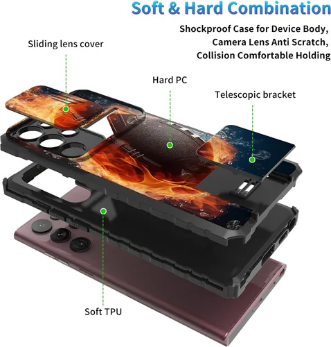 Miniatura 488 de Funda para Samsung Galaxy S22 Ultra 5G, Galaxy S22 Ultra con cubierta de cámara deslizante, funda resistente de doble capa con función atril Black