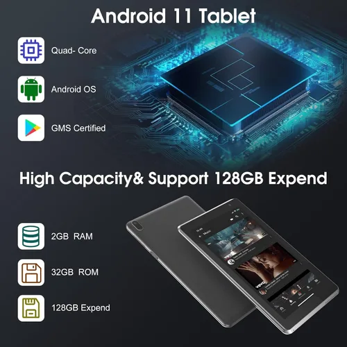 Miniatura 3 de Tablet de 7 pulgadas, Tablet Android con, 2GB+32GB+1TB (Expandible), Quad-Core, BT, Wi-Fi, Educativa, Música, Cámara Dual