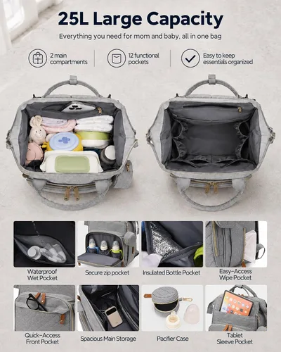 Miniatura 2 de houscly Mochila para pañales con cambiador: bolsas de bebé de viaje negras para niñas y niños, pañaleras para bebe, artículos esenciales para recién