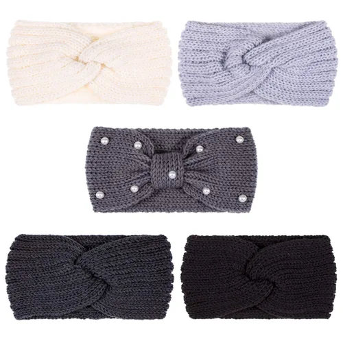 Miniatura 15 de Whaline - 5 diademas tejidas de invierno, diademas mullidas tejidas, 4 envolturas de turbante elásticas y 1 banda de pelo de ganchillo de perla