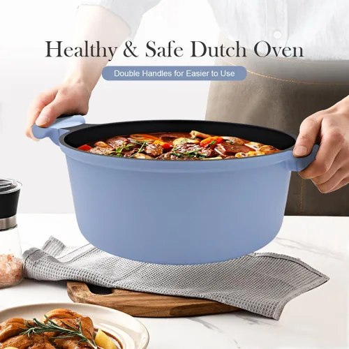 Miniatura 4 de Olla de horno holandés ligera de 4.5 cuartos de galón con tapa, horno holandés de aluminio antiadherente, olla de cocina para estofados y freír