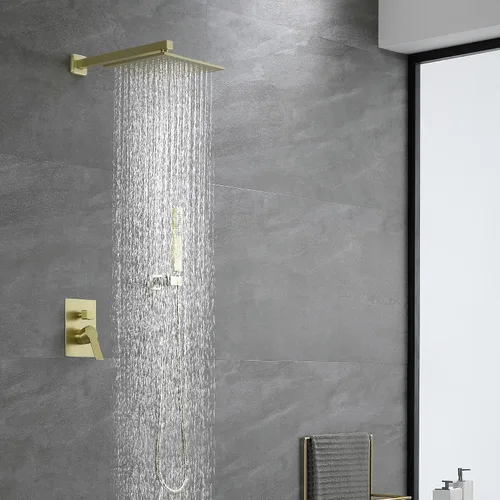 Miniatura 2 de SHAMANDA Sistema de ducha de lluvia de latón, juego de grifo de ducha de baño de lujo en oro cepillado (incluye cuerpo de válvula rugosa y moldura)