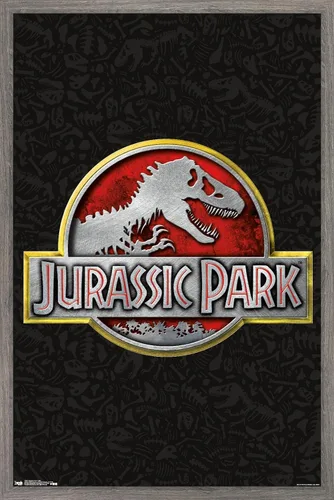 Trends International Jurassic Park - Póster de pared con logotipo, 14.725 x 22.375 pulgadas, versión enmarcada de madera de granero