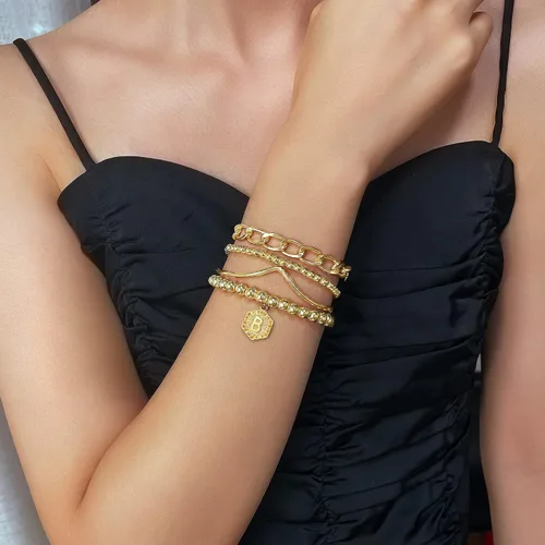 Miniatura 4 de Elegance 11 designs Pulsera de cuentas apilable chapada en oro de 14 quilates, pulseras elásticas gruesas para mujer, regalo con colgante hexagonal