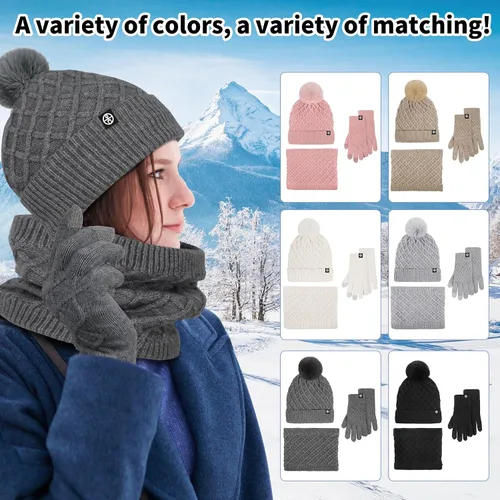 Miniatura 8 de Gorros de invierno para mujer, bufanda, guantes para pantalla táctil, juego cálido con patrón de cuadrícula, gorro holgado de punto con forro polar