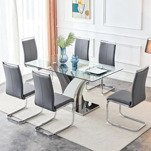 Miniatura 14 de AZmac Juego de mesa de comedor de cristal para 4, juego de mesa de comedor de 63 pulgadas para 4, mesa de cocina moderna y 4 sillas de comedor