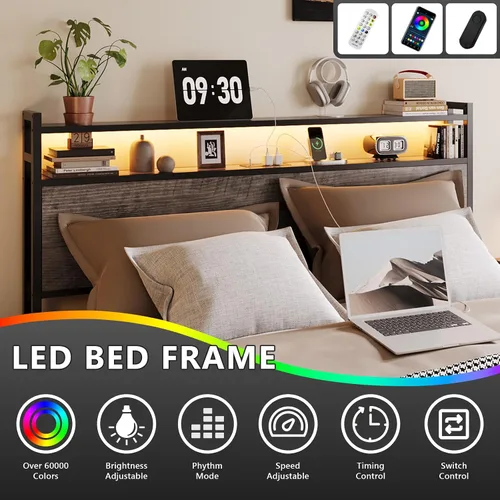 Miniatura 3 de VINGLI Base de cama LED Queen con 4 cajones de almacenamiento y estante de cabecera ajustable, plataforma de metal con estación de carga para niños
