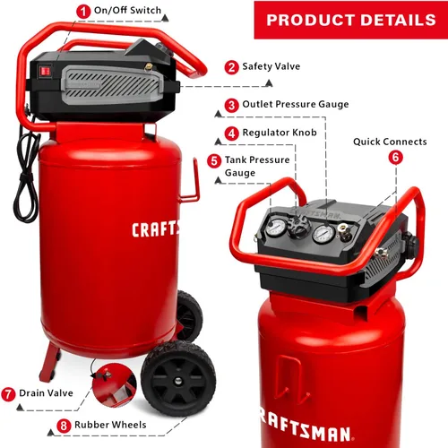 Miniatura 3 de CRAFTSMAN Compresor de aire, 20 galones, 1.8 HP, herramientas de aire sin aceite, manguera de aire roja y Flexzilla, 3/8 pulgadas x 50 pies