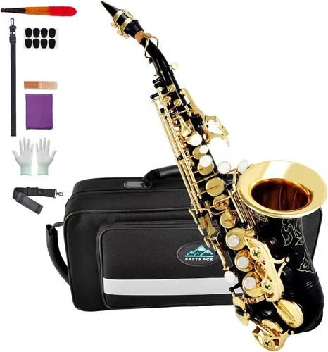 EASTROCK Saxofón soprano curvado Bb plano negro instrumentos de viento para principiantes y jugadores intermedios con estuche de transporte,