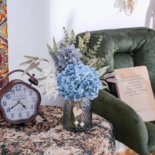 Miniatura 4 de LUEUR Flores falsas con jarrón, flores artificiales de hortensias en jarrón, arreglo de flores sintéticas adecuadas para el hogar, cocina, sala
