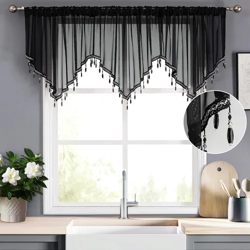 WUBODTI Cortinas transparentes con cenefa con cuentas negras para ventanas, 1 unidad, cenefas de cortina semitransparentes para dormitorio y cocina,