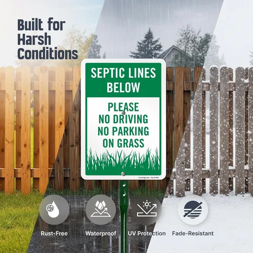 Miniatura 2 de SmartSign Letrero de patio con texto en inglés "Septic Lines Below - Please No Driving No Parking On Grass" de 10 x 7 pulgadas, kit de estaca de 18