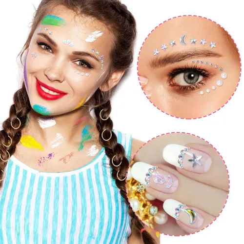 Miniatura 3 de OIIKI 4 hojas de calcomanías de gemas de cara de corazón de estrella, calcomanías de acrílico para joyería de cuerpo, perlas de luna de Halloween