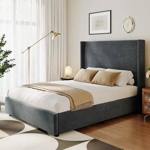 Miniatura 9 de Base de cama tamaño Queen con plataforma tapizada de tela de lino con cabecera de 55.51 pulgadas de alto con respaldo de alas y soporte de listones