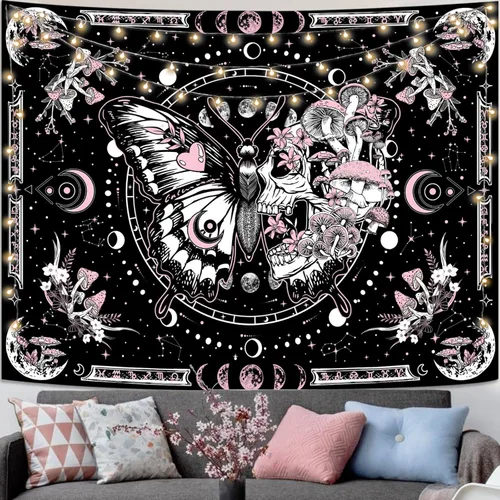 Miniatura 7 de Fungarth Tapiz de Esqueleto y Mariposa Blanco y Negro Calavera Hongos Plantas Tapices Hippie Estético Tapiz Colgante de Pared para Dormitorio Sala