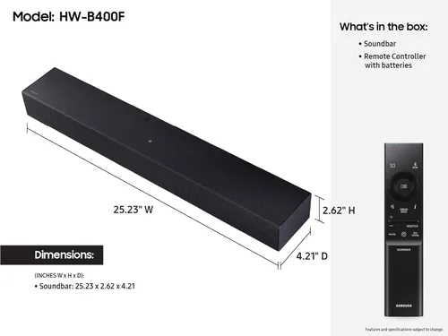 Miniatura 9 de Samsung Barra de sonido HW-B400F Serie B, 2.0 canales con woofer incorporado, mejora de voz y modo nocturno, expansión de sonido envolvente