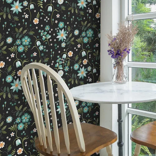 Miniatura 3 de VaryPaper Papel tapiz floral negro de 17.7 x 78.7 pulgadas, diseño de copos de nieve y flores, papel tapiz autoadhesivo extraíble, papel de contacto
