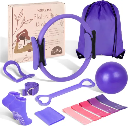 Miniatura 10 de Kit esencial de anillo de pilates para mujer, equipo de entrenamiento en casa con pelota de 9.8 pulgadas, bandas de resistencia, círculo mágico, Azul