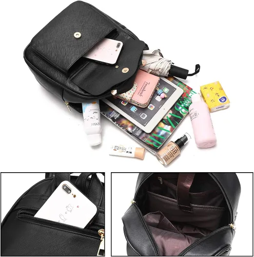 Miniatura 6 de Mochila de piel para niñas, estilo Bowknot, 3 piezas de mochila, bolso y monedero a la moda, para mujer