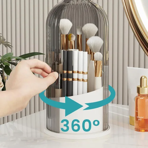Miniatura 5 de Soporte para brochas de maquillaje con tapa, organizador de herramientas cosméticas de apertura deslizante giratoria de 360°, organizador de brochas