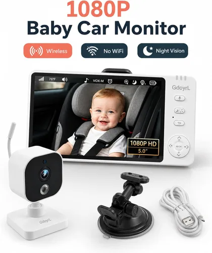 Miniatura 2 de Cámara inalámbrica para automóvil de bebé, visión nocturna automática IR HD 1080P, monitor de bebé giratorio de 360°, pantalla de 5 pulgadas zoom