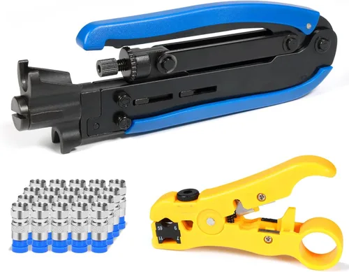 Herramienta De Compresión RG6 Kit De Engarzadora De Cable Coaxial RG6 RG11 RG59 F81 Con 20PCS F Conectores De Compresión - BlueYellow