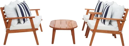 Miniatura 12 de SAFAVIEH Deacon - Juego de conversación de 4 piezas para exteriores, marrón y beige, madera maciza, diseño costero de listones con cojines, ideal
