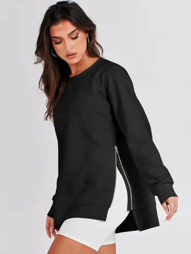 Miniatura 4 de Caracilia Sudaderas de gran tamaño para mujer, manga larga, cuello redondo, túnica con cremallera lateral, ropa de invierno de moda 2023