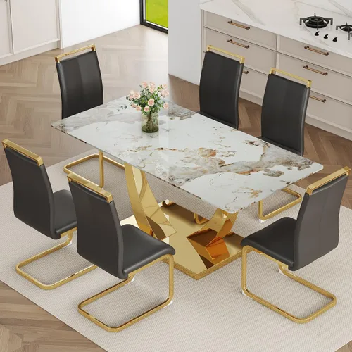 Miniatura 31 de Juego de Mesa de Comedor Negra para 6, Mesa de Comedor de Mármol Falso de 71" para 6, Juego de Mesa de Cocina Rectangular con Sillas de Cuero PU