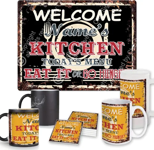 Welcome Name's Kitchen - Tazas personalizadas de Chic Sign para cocina, estilo rústico, vintage, retro, cocina, bar, pub, cafetería, decoración de 9