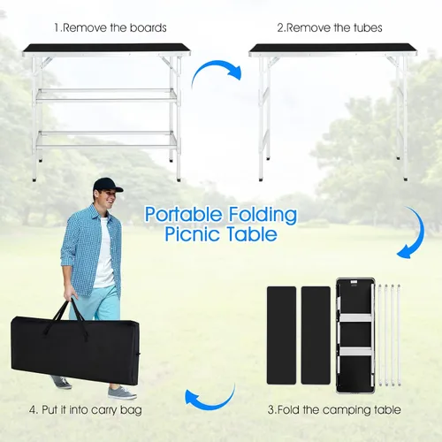 Miniatura 6 de HAPPYGRILL Mesa de campamento plegable con almacenamiento, mesa de picnic de aluminio con estantes de 2 niveles, mesa grande, bolsa de transporte