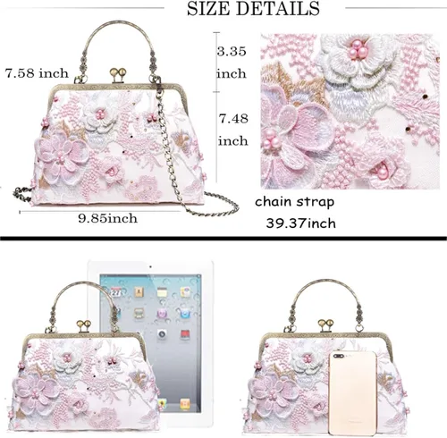 Miniatura 90 de Bolso floral con asa superior, bolso de noche Kiss Lock para mujer, bolso vintage