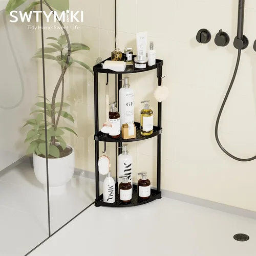 Miniatura 2 de SWTYMIKI Organizador de ducha esquinero de acero inoxidable de 3 niveles, estante de piso de gran capacidad con 4 ganchos, estante de almacenamiento