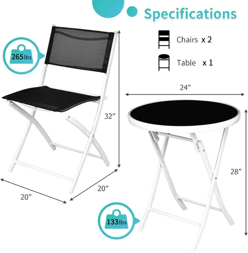 Miniatura 7 de HAPPYGRILL Juego de 3 piezas de bistró plegable para patio, juego de silla y mesa plegable al aire libre con tela transpirable, mesa de vidrio Negro
