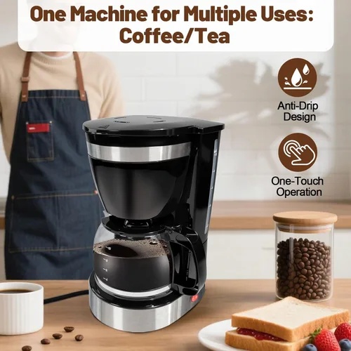 Miniatura 5 de Cafetera de goteo de 10 tazas, cafetera antigoteo de un solo toque con jarra de filtro reutilizable, para mantener el calor, cuchara, cafetera