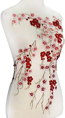 Miniatura 6 de 1 juego de tela de encaje floral de flor de ciruelo grande, apliques de encaje con motivos de encaje Venise en relieve para coser (color A)