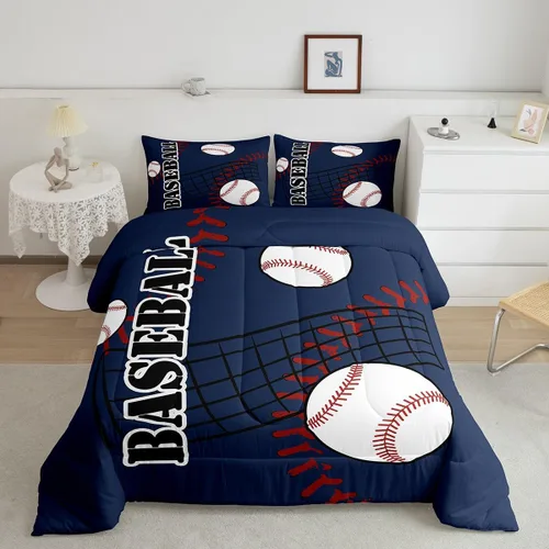 jejeloiu Juego de edredón de béisbol para niños, tamaño individual, juego de ropa de cama de béisbol azul para niños, juego de ropa de cama con