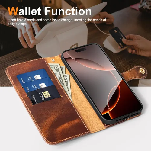 Miniatura 3 de Funda de cuero compatible con iPhone 16 Pro Wallet de 6.3 pulgadas, protección completa de piel auténtica a prueba de golpes, funda abatible