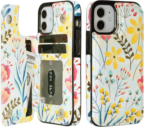 Miniatura 10 de HAOPINSH Funda tipo cartera para iPhone 12 Mini con tarjetero y diseño de girasoles de bandera americana, tapa trasera de piel sintética, ranuras