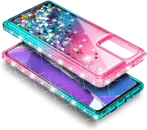 Miniatura 5 de NZND Funda compatible con Samsung Galaxy S20-FE 5G, rosa/aguamarina, con purpurina brillante flotante en cascada líquida para mujeres, niñas y niños